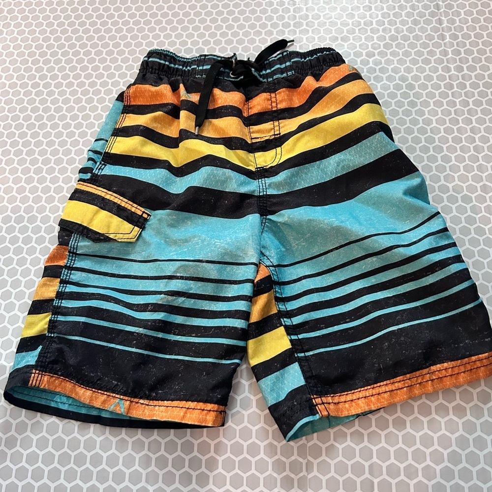 Kanu Surf Striped Swim Trunks in Teal, Yellow & Black Beach Summer.  Size S (8)